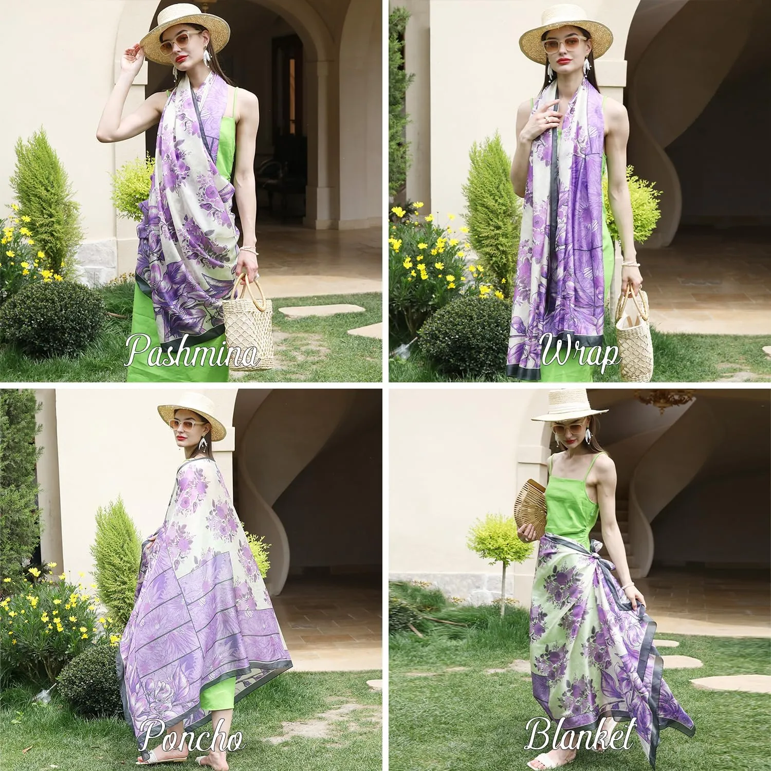 DANA XU 100% Mulberry Satin Silk Summer Travel Scarf Extra Large Women Floral Shawl Oversize Soft Wraps For Evening Dresses