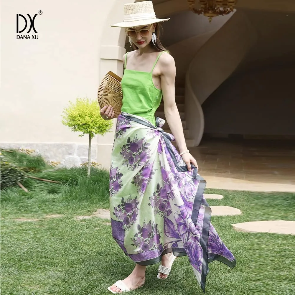 DANA XU 100% Mulberry Satin Silk Summer Travel Scarf Extra Large Women Floral Shawl Oversize Soft Wraps For Evening Dresses
