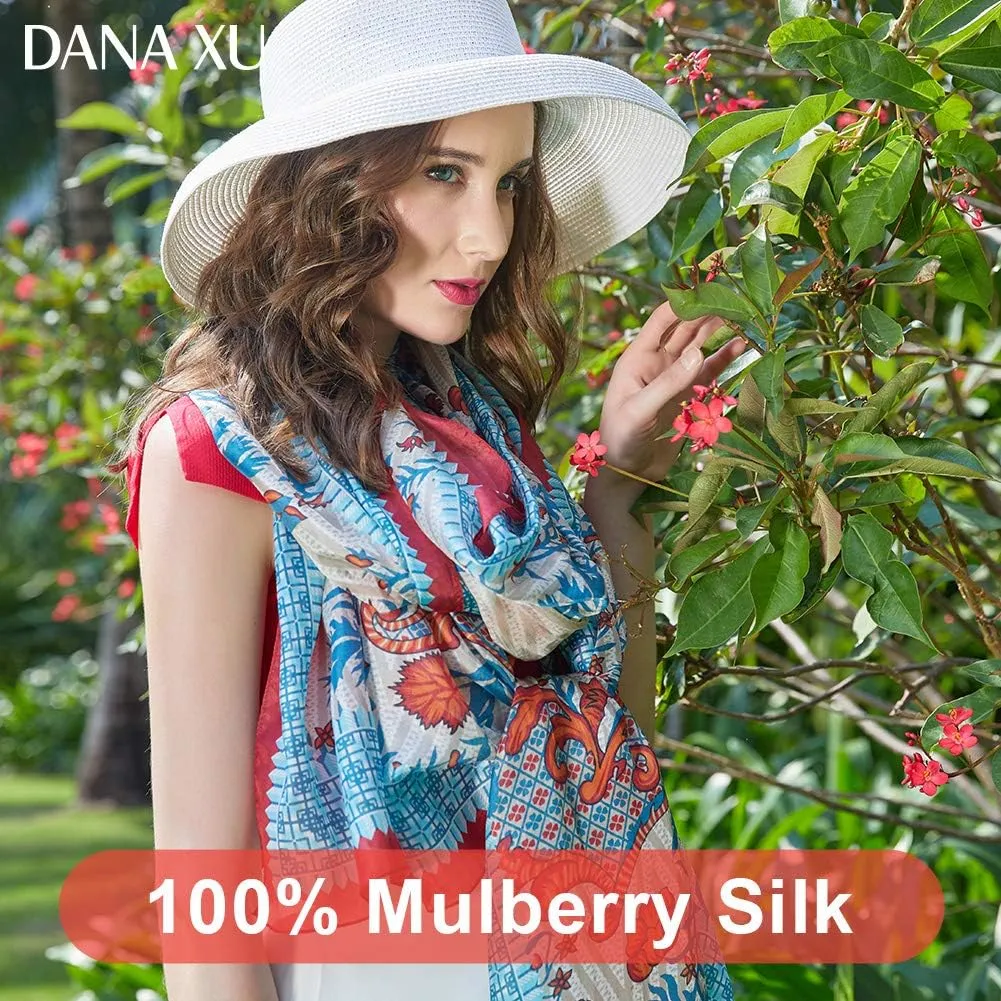 DANA XU 100% Mulberry Satin Silk Summer Travel Scarf Extra Large Women Floral Shawl Oversize Soft Wraps For Evening Dresses