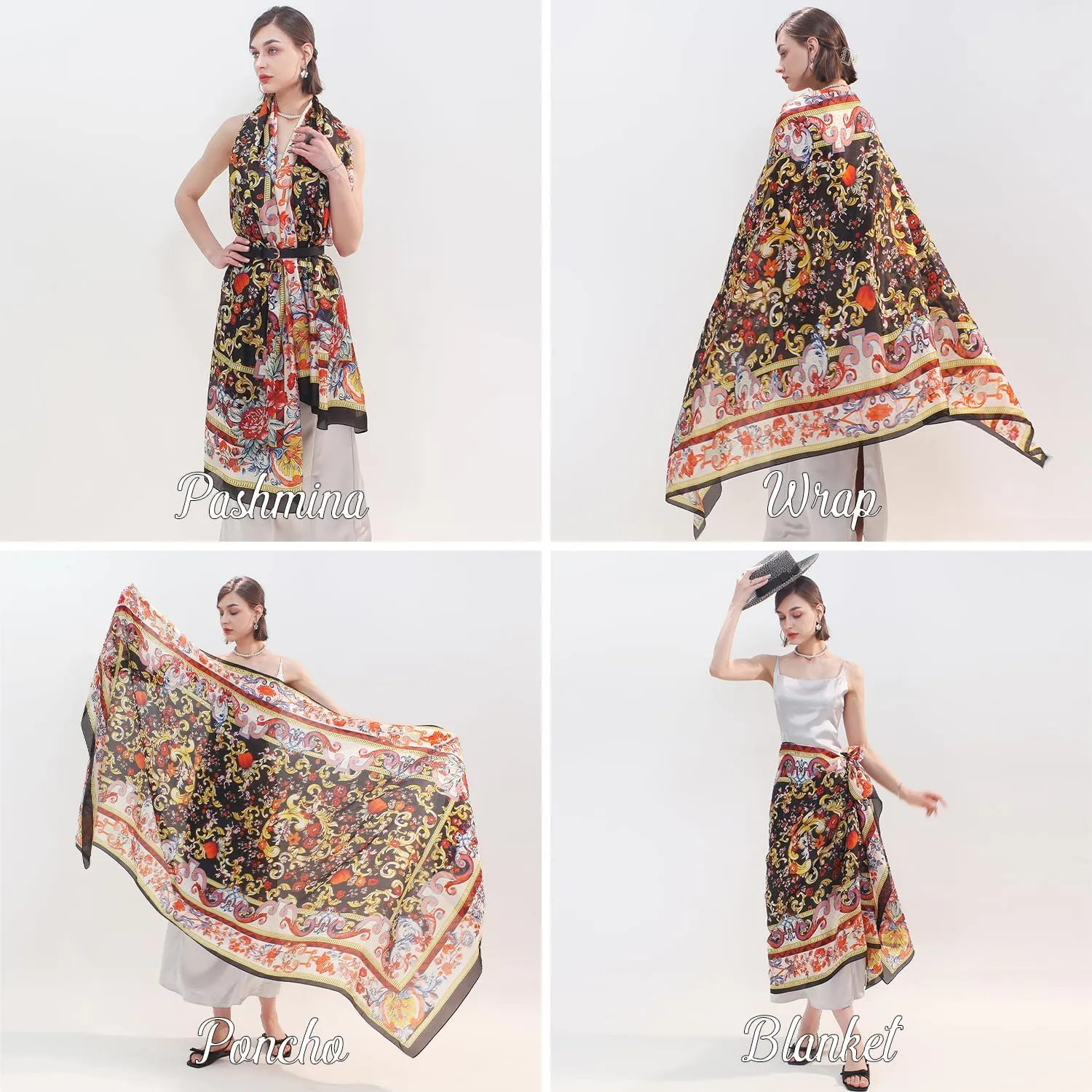 DANA XU 100% Mulberry Satin Silk Summer Travel Scarf Extra Large Women Floral Shawl Oversize Soft Wraps For Evening Dresses