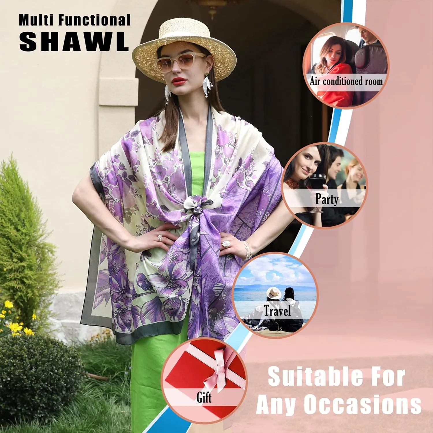 DANA XU 100% Mulberry Satin Silk Summer Travel Scarf Extra Large Women Floral Shawl Oversize Soft Wraps For Evening Dresses