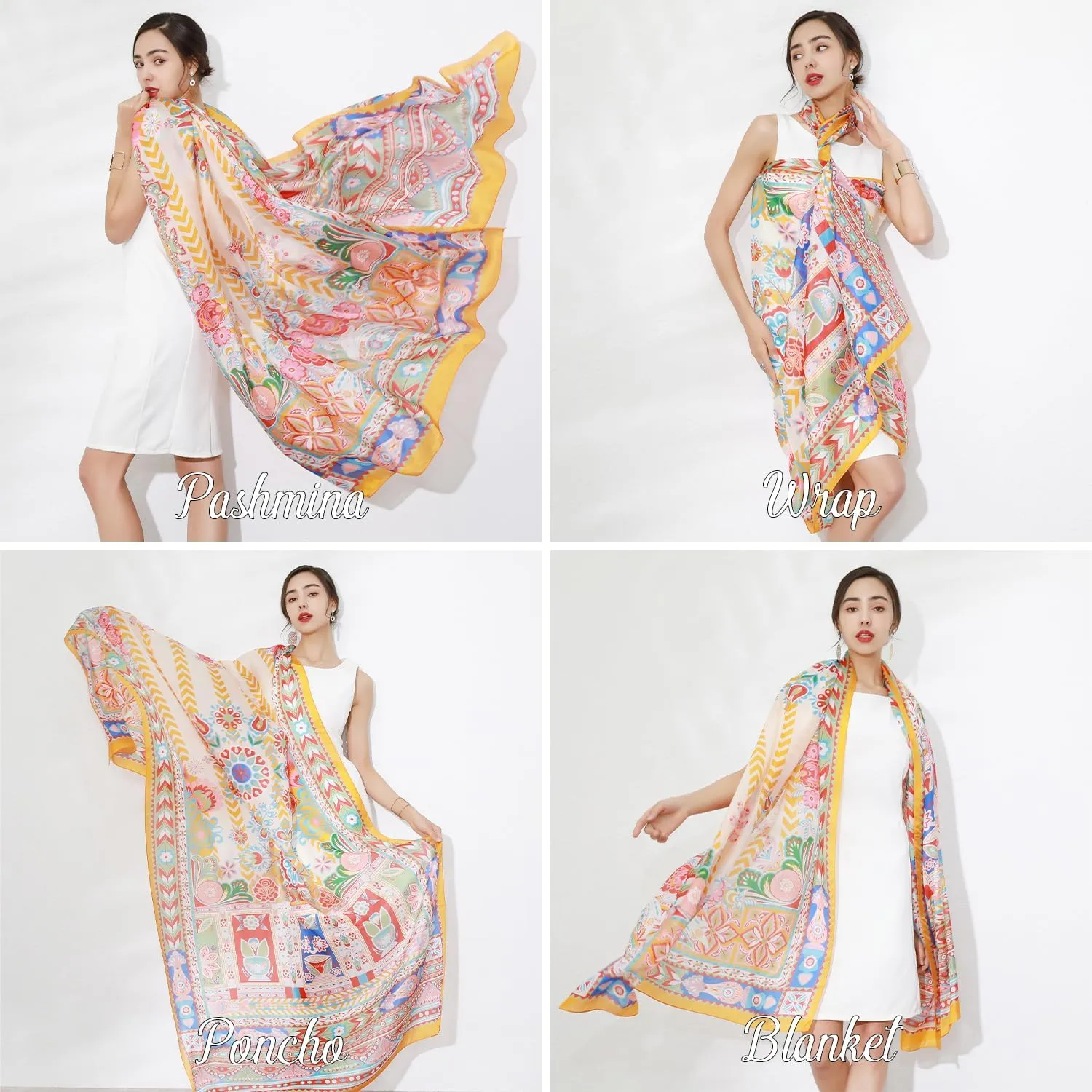 DANA XU Women's 100% Mulberry Satin Silk Pashmina Shawl Wraps Extra Large Floral Scarf for Evening Dresses, Soft Oversized