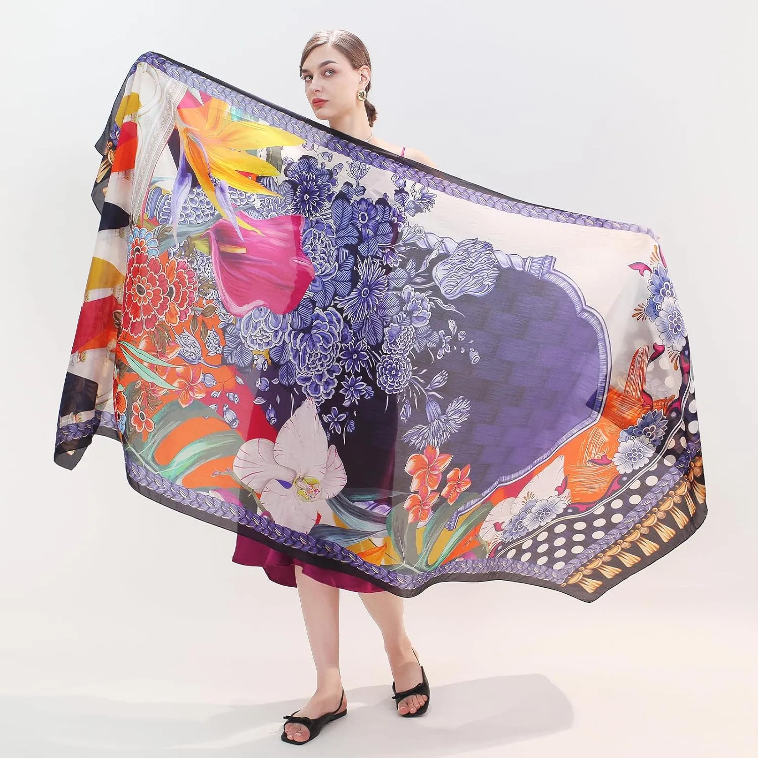 DANA XU Women's 100% Mulberry Satin Silk Pashmina Shawl Wraps Extra Large Floral Scarf for Evening Dresses, Soft Oversized