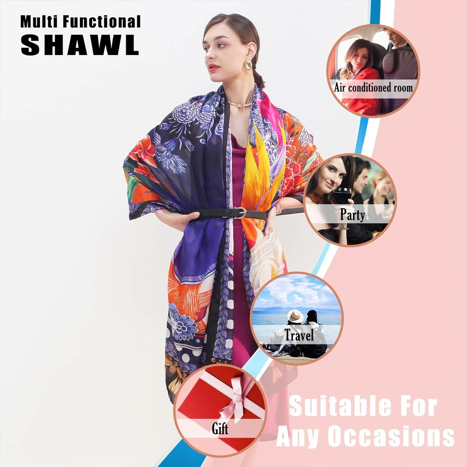 DANA XU Women's 100% Mulberry Satin Silk Pashmina Shawl Wraps Extra Large Floral Scarf for Evening Dresses, Soft Oversized