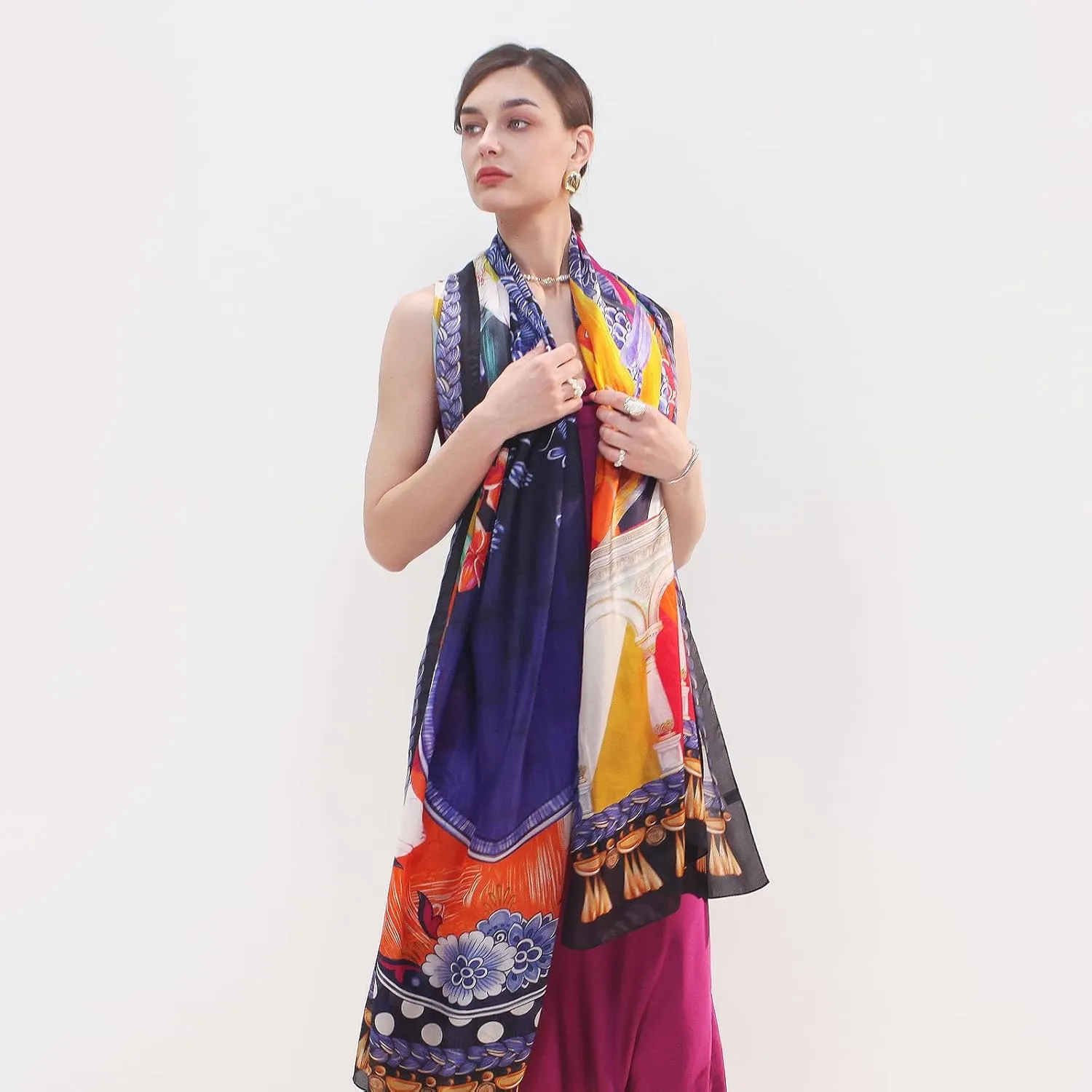 DANA XU Women's 100% Mulberry Satin Silk Pashmina Shawl Wraps Extra Large Floral Scarf for Evening Dresses, Soft Oversized
