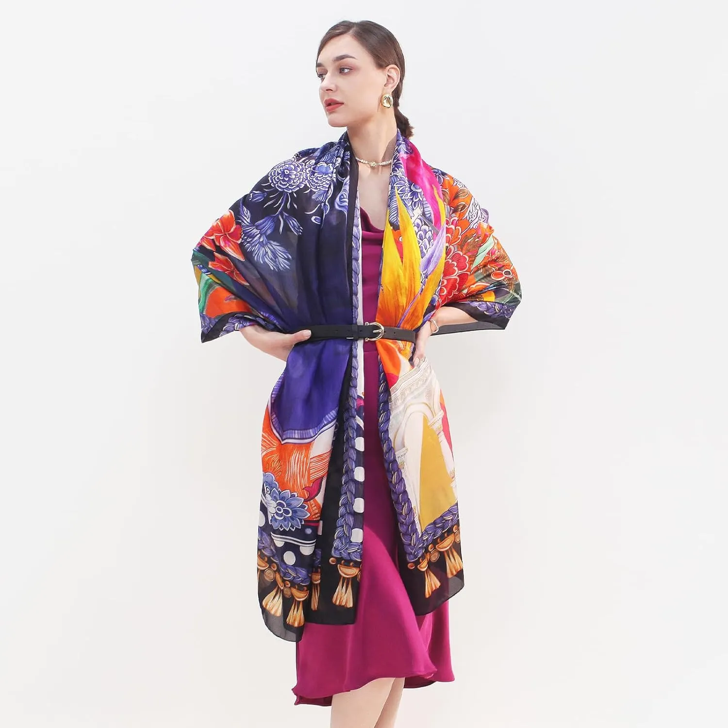 DANA XU Women's 100% Mulberry Satin Silk Pashmina Shawl Wraps Extra Large Floral Scarf for Evening Dresses, Soft Oversized