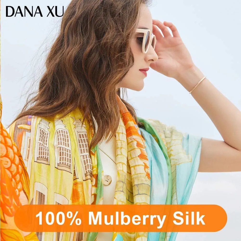 DANA XU Women's 100% Mulberry Satin Silk Pashmina Shawl Wraps Extra Large Floral Scarf for Evening Dresses, Soft Oversized