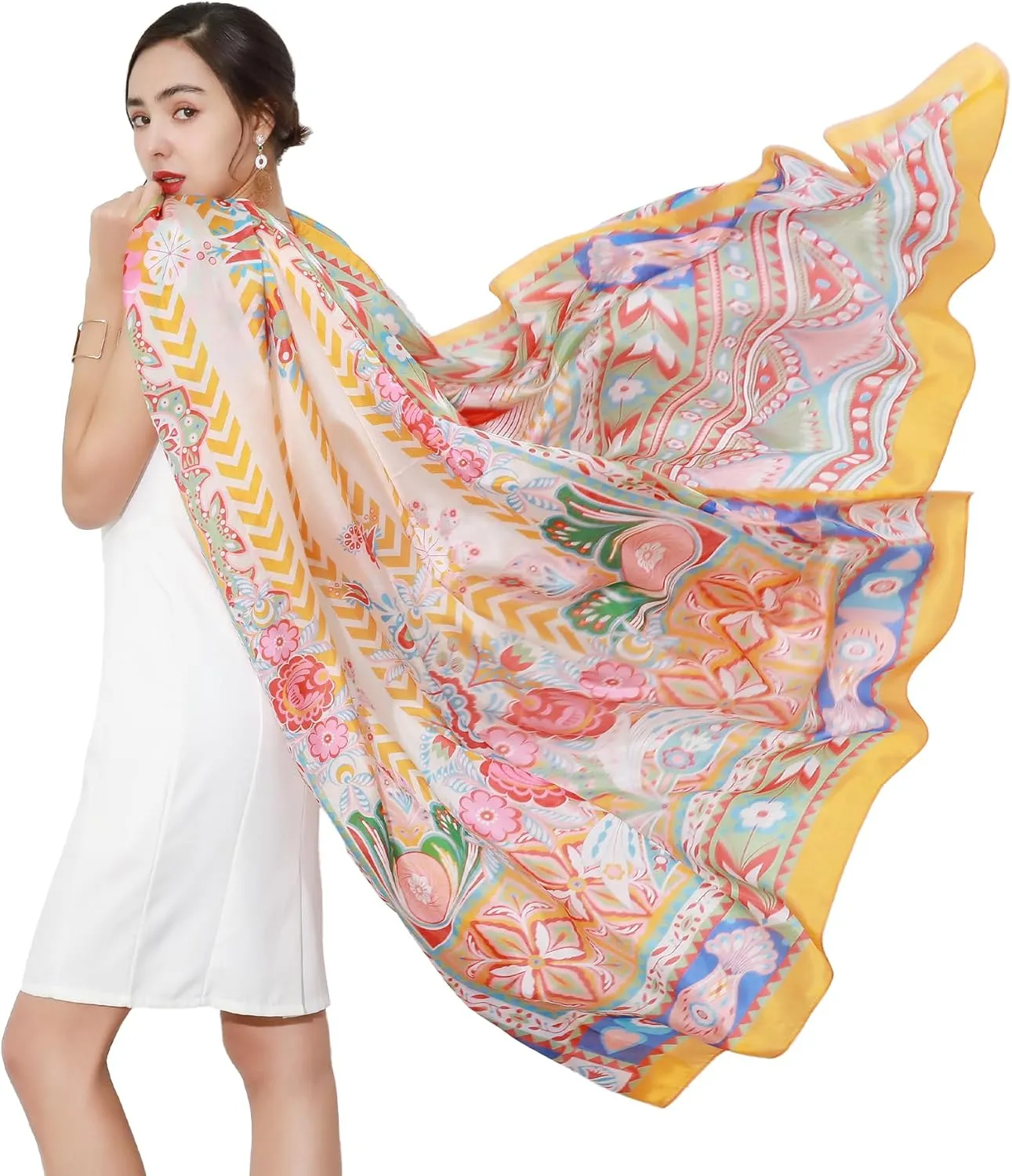 DANA XU Women's 100% Mulberry Satin Silk Pashmina Shawl Wraps Extra Large Floral Scarf for Evening Dresses, Soft Oversized