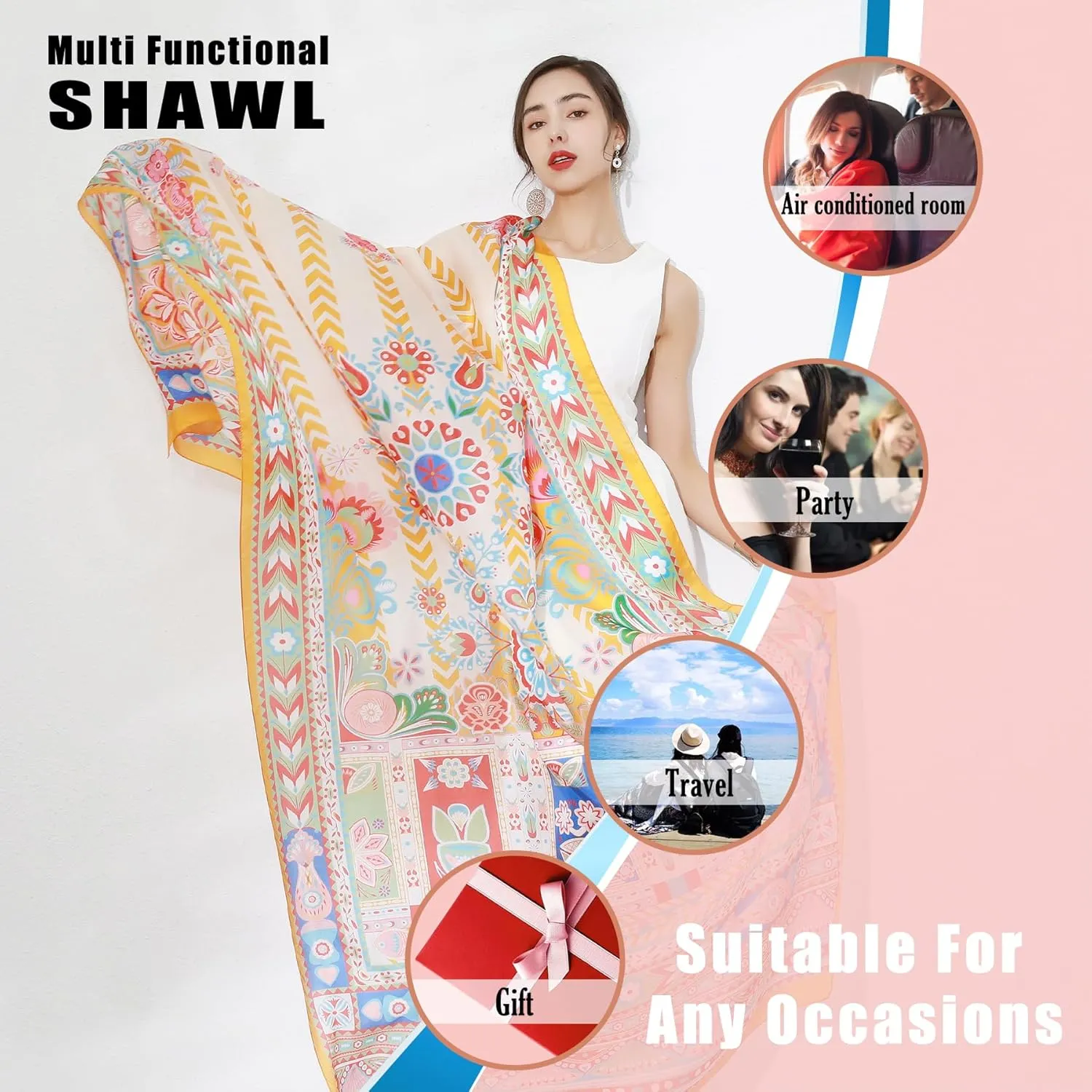DANA XU Women's 100% Mulberry Satin Silk Pashmina Shawl Wraps Extra Large Floral Scarf for Evening Dresses, Soft Oversized