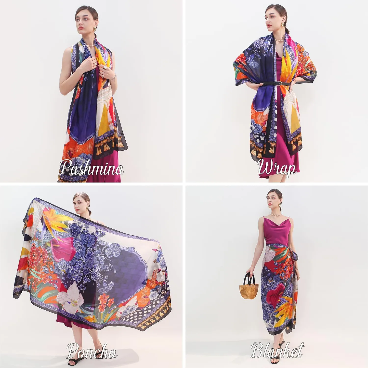 DANA XU Women's 100% Mulberry Satin Silk Pashmina Shawl Wraps Extra Large Floral Scarf for Evening Dresses, Soft Oversized