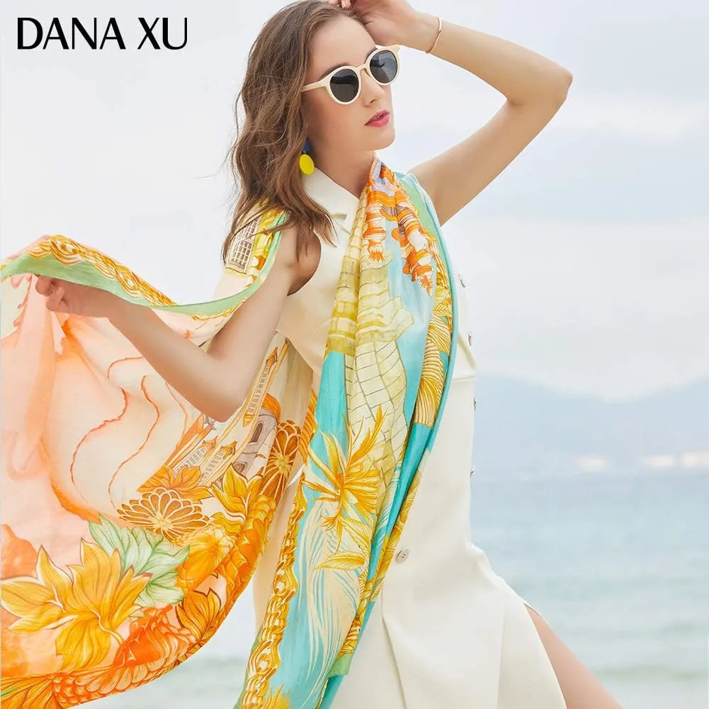 DANA XU Women's 100% Mulberry Satin Silk Pashmina Shawl Wraps Extra Large Floral Scarf for Evening Dresses, Soft Oversized