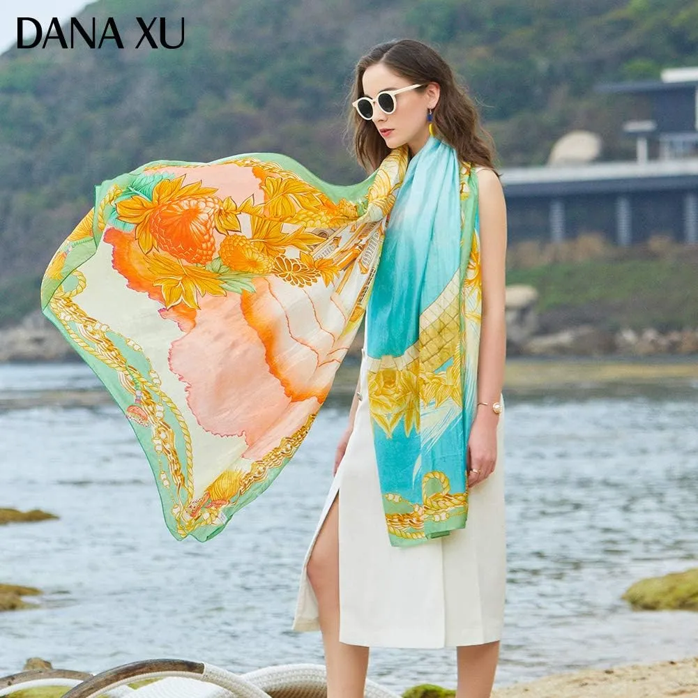 DANA XU Women's 100% Mulberry Satin Silk Pashmina Shawl Wraps Extra Large Floral Scarf for Evening Dresses, Soft Oversized