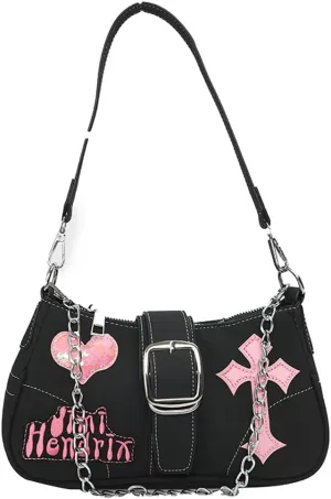 Dark Crucifix Locomotive Crossbody Bag, Quilted Love Pattern Sweet Cool Underarm Bag, Women's Strap Chain Shoulder Purses