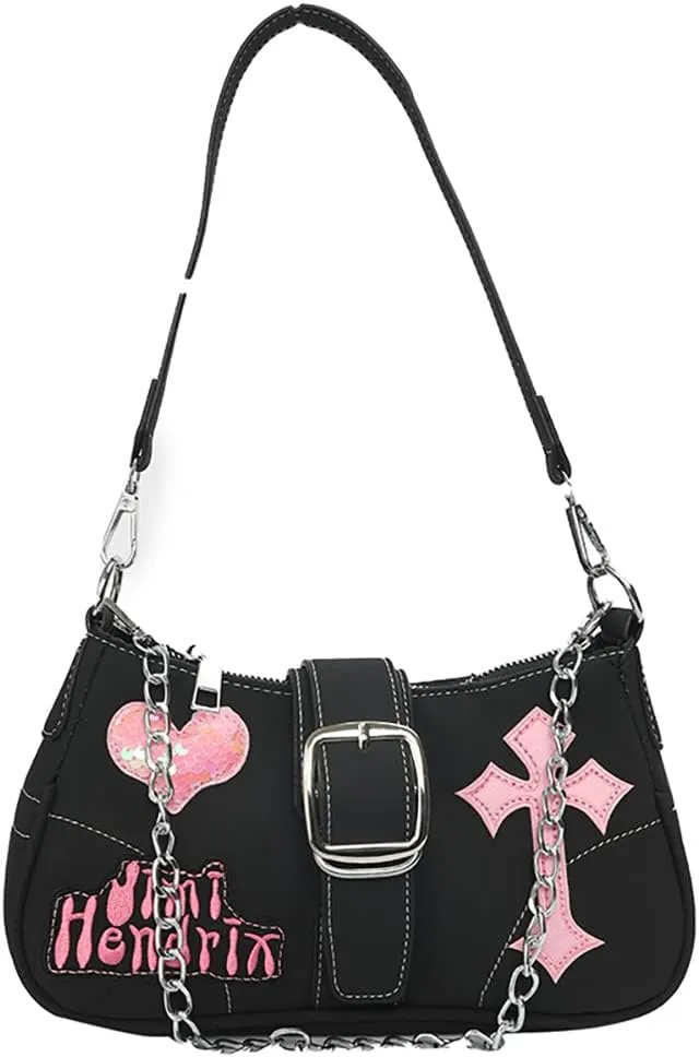 Dark Crucifix Locomotive Crossbody Bag, Quilted Love Pattern Sweet Cool Underarm Bag, Women's Strap Chain Shoulder Purses