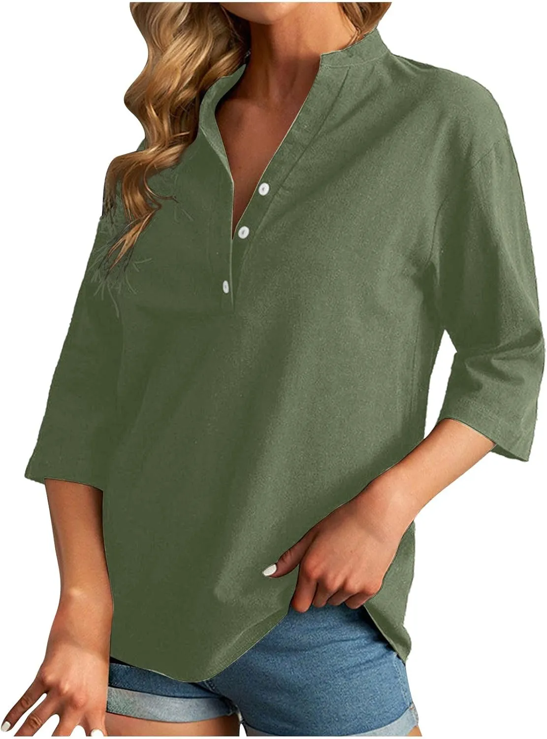 DASAYO Women's Casual 3/4 Length Sleeve Shirts Solid Color V Neck Button up Blouse Loose Fit Spring Summer Outfits