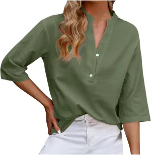 DASAYO Women's Casual 3/4 Length Sleeve Shirts Solid Color V Neck Button up Blouse Loose Fit Spring Summer Outfits