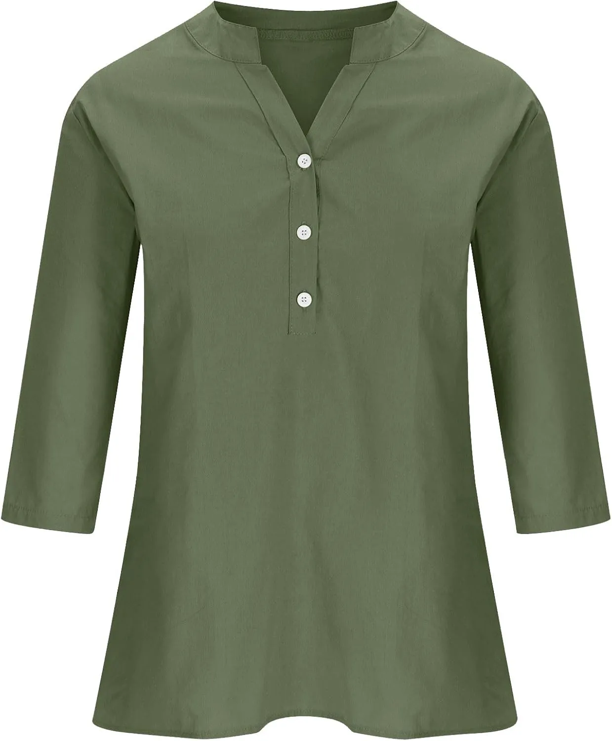 DASAYO Women's Casual 3/4 Length Sleeve Shirts Solid Color V Neck Button up Blouse Loose Fit Spring Summer Outfits