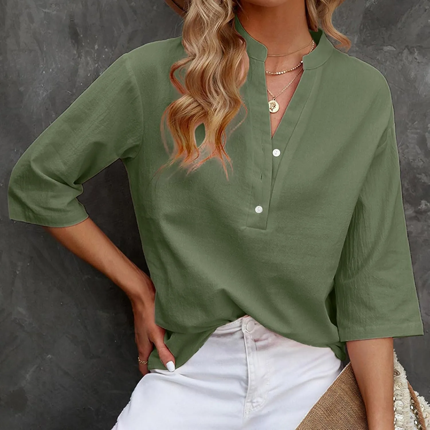 DASAYO Women's Casual 3/4 Length Sleeve Shirts Solid Color V Neck Button up Blouse Loose Fit Spring Summer Outfits