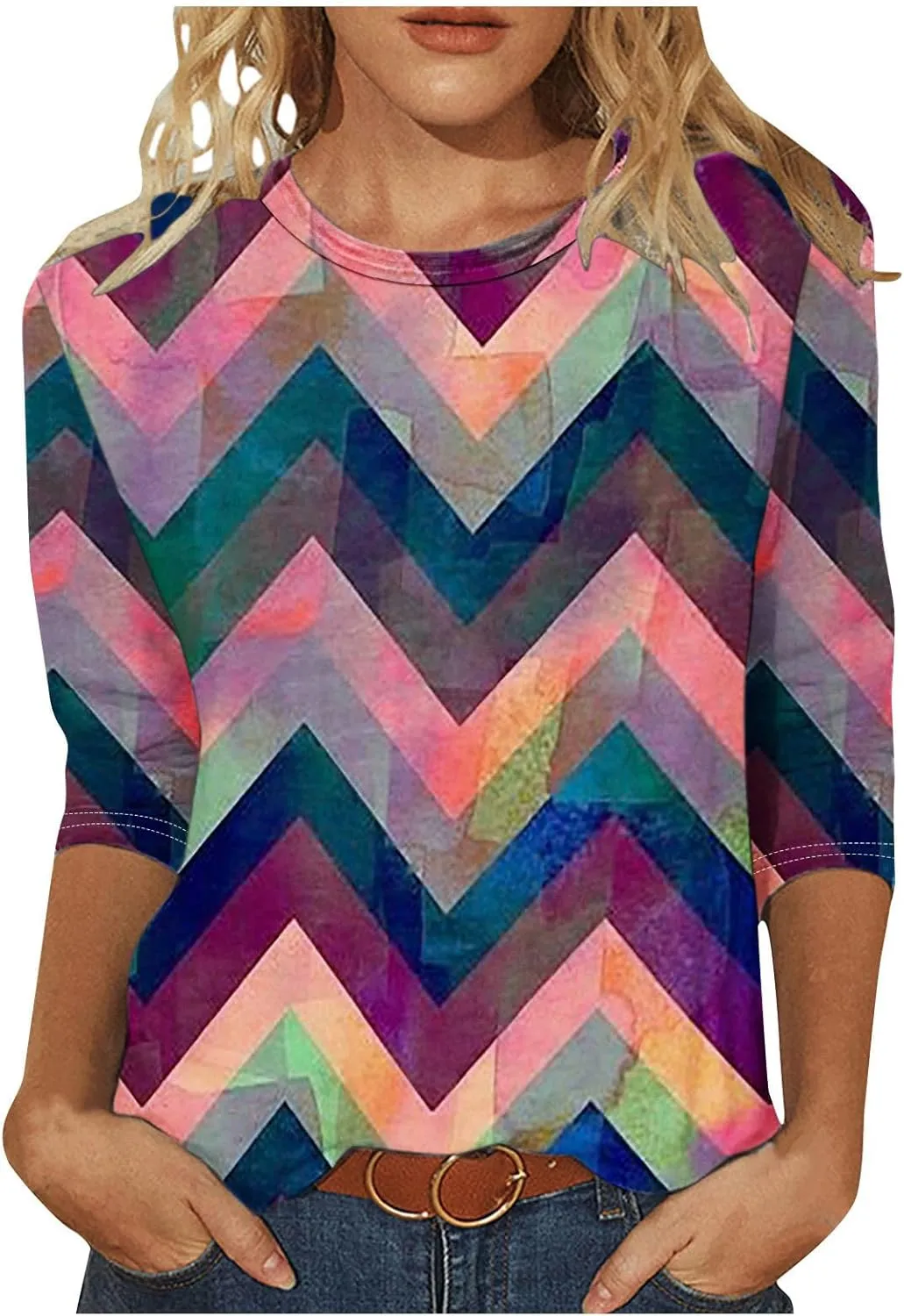 DASAYO Womens Fashion 2024 3/4 Sleeve Shirts Crewneck Casual Plus Size Tops for Women Trendy Tie Die Print Going Out Tops