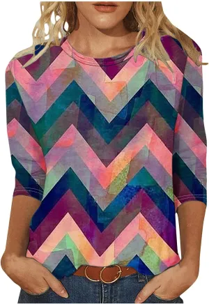 DASAYO Womens Fashion 2024 3/4 Sleeve Shirts Crewneck Casual Plus Size Tops for Women Trendy Tie Die Print Going Out Tops