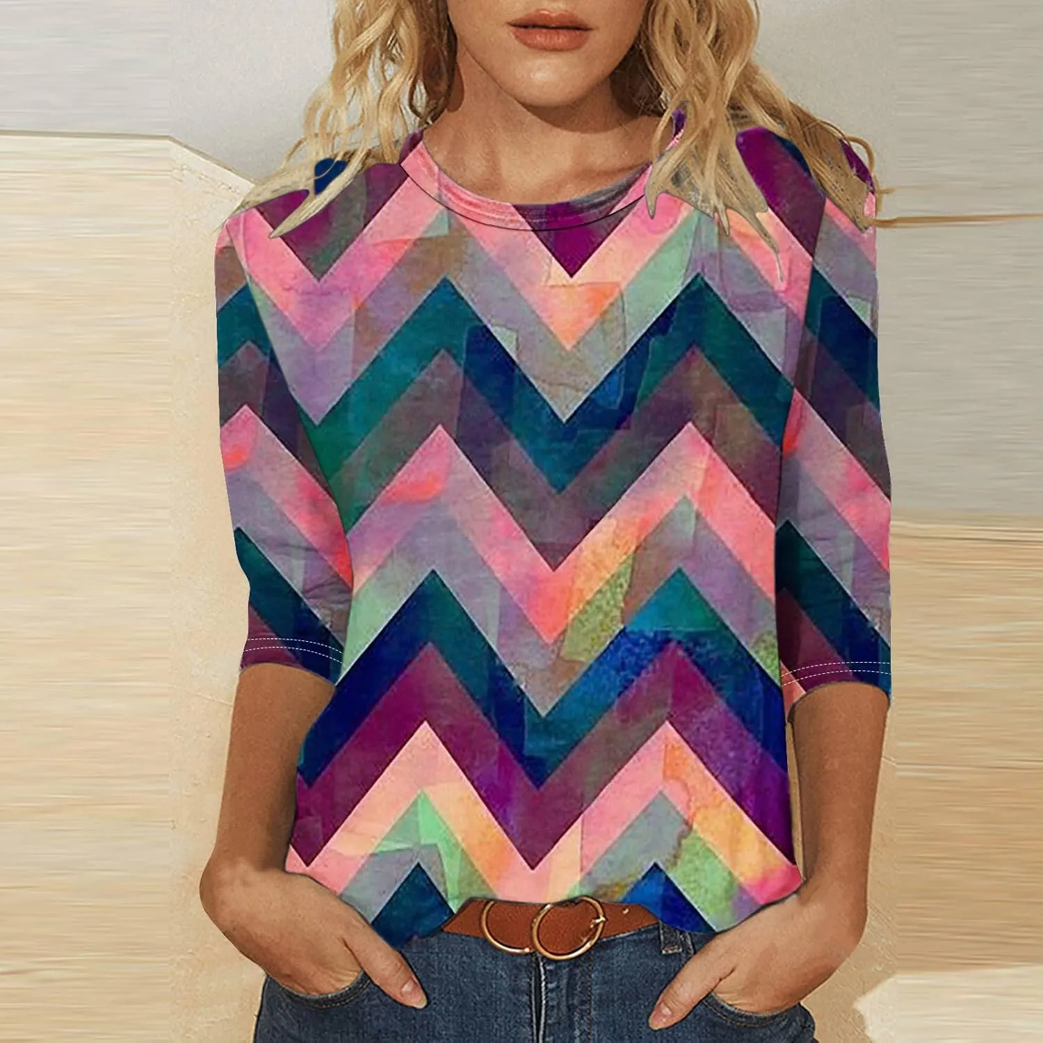 DASAYO Womens Fashion 2024 3/4 Sleeve Shirts Crewneck Casual Plus Size Tops for Women Trendy Tie Die Print Going Out Tops