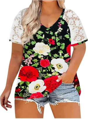 DASAYO Women's Plus Size Summer Tops Lace Short Sleeve Floral Print Trendy Tee Shirts Fashion Casual Summer t Shirt Blouses