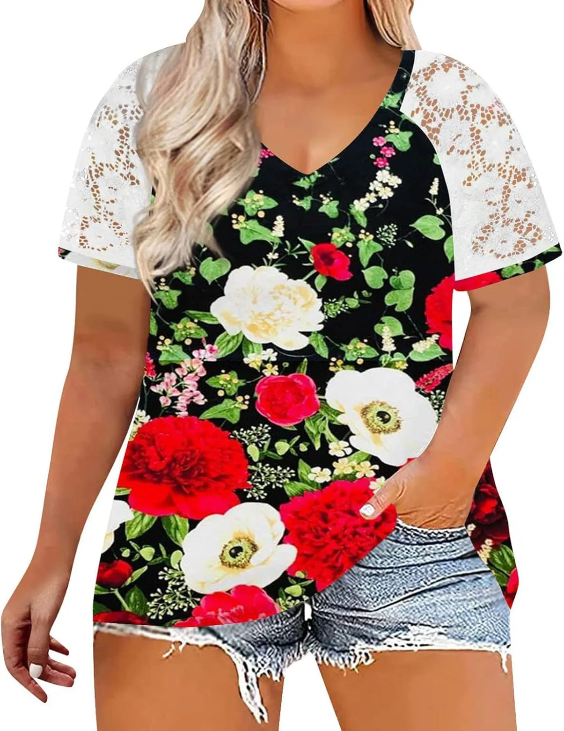 DASAYO Women's Plus Size Summer Tops Lace Short Sleeve Floral Print Trendy Tee Shirts Fashion Casual Summer t Shirt Blouses