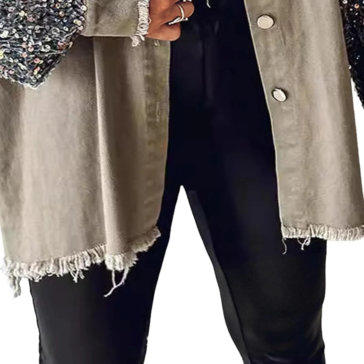 Denim Jacket Sequin Tops For Women Patchwork Long Sleeve Jean Coat Top Button Denim Shacket Loose Trend Fringe Shirt