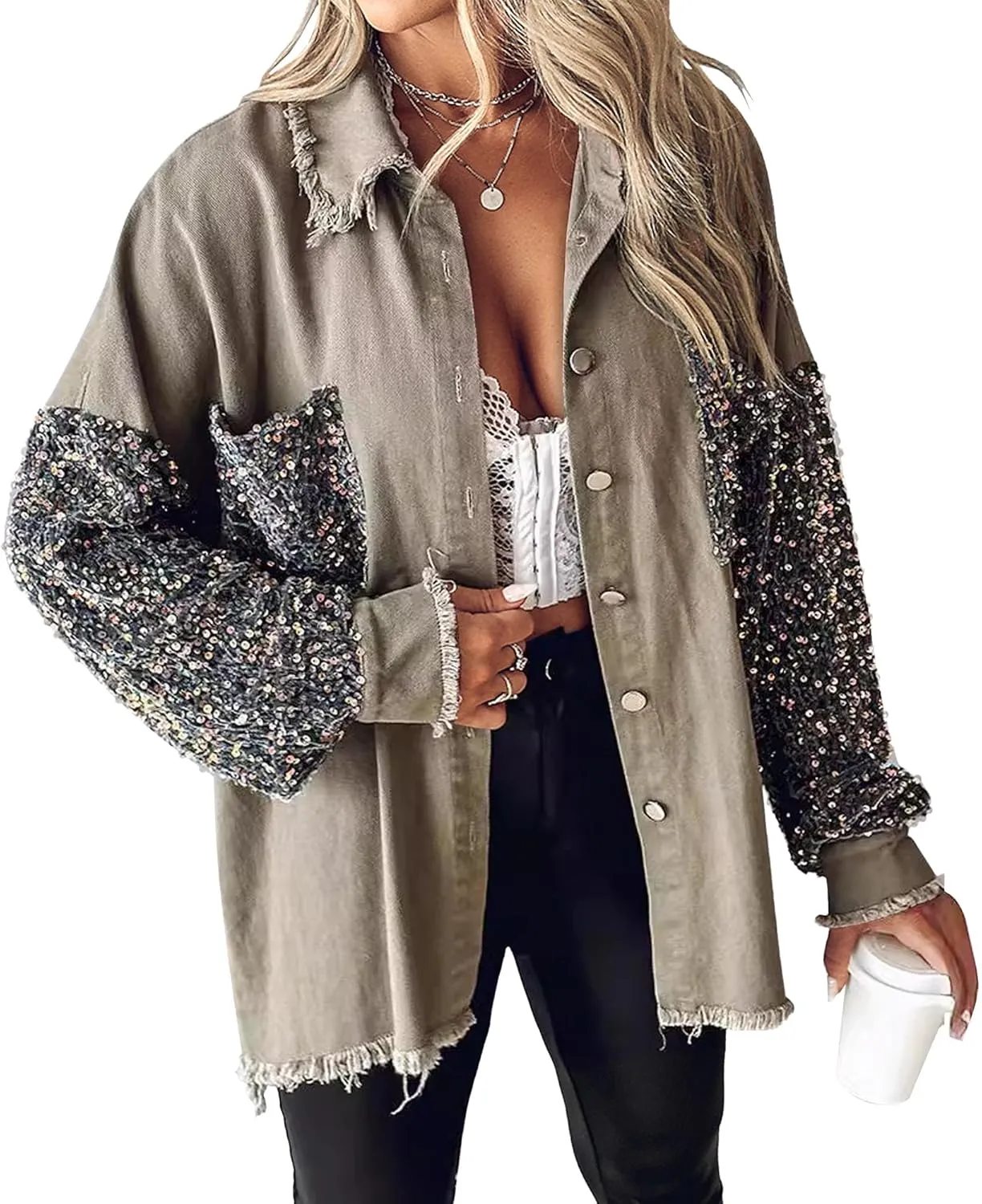 Denim Jacket Sequin Tops For Women Patchwork Long Sleeve Jean Coat Top Button Denim Shacket Loose Trend Fringe Shirt