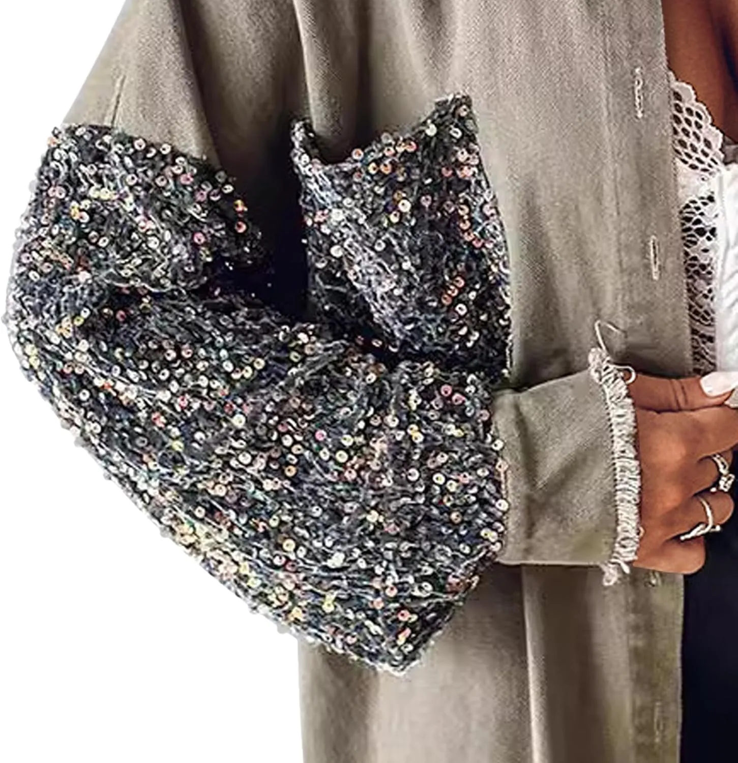 Denim Jacket Sequin Tops For Women Patchwork Long Sleeve Jean Coat Top Button Denim Shacket Loose Trend Fringe Shirt