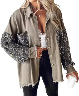 Denim Jacket Sequin Tops For Women Patchwork Long Sleeve Jean Coat Top Button Denim Shacket Loose Trend Fringe Shirt