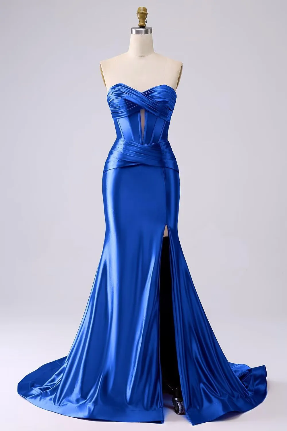 Dessiny Strapless Sweetheart Prom Dresses Long for Women 2024 with Slit Ruched Satin Formal Evening Gown for Party DE109