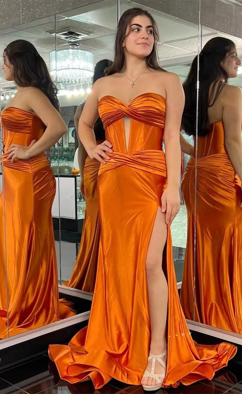 Dessiny Strapless Sweetheart Prom Dresses Long for Women 2024 with Slit Ruched Satin Formal Evening Gown for Party DE109