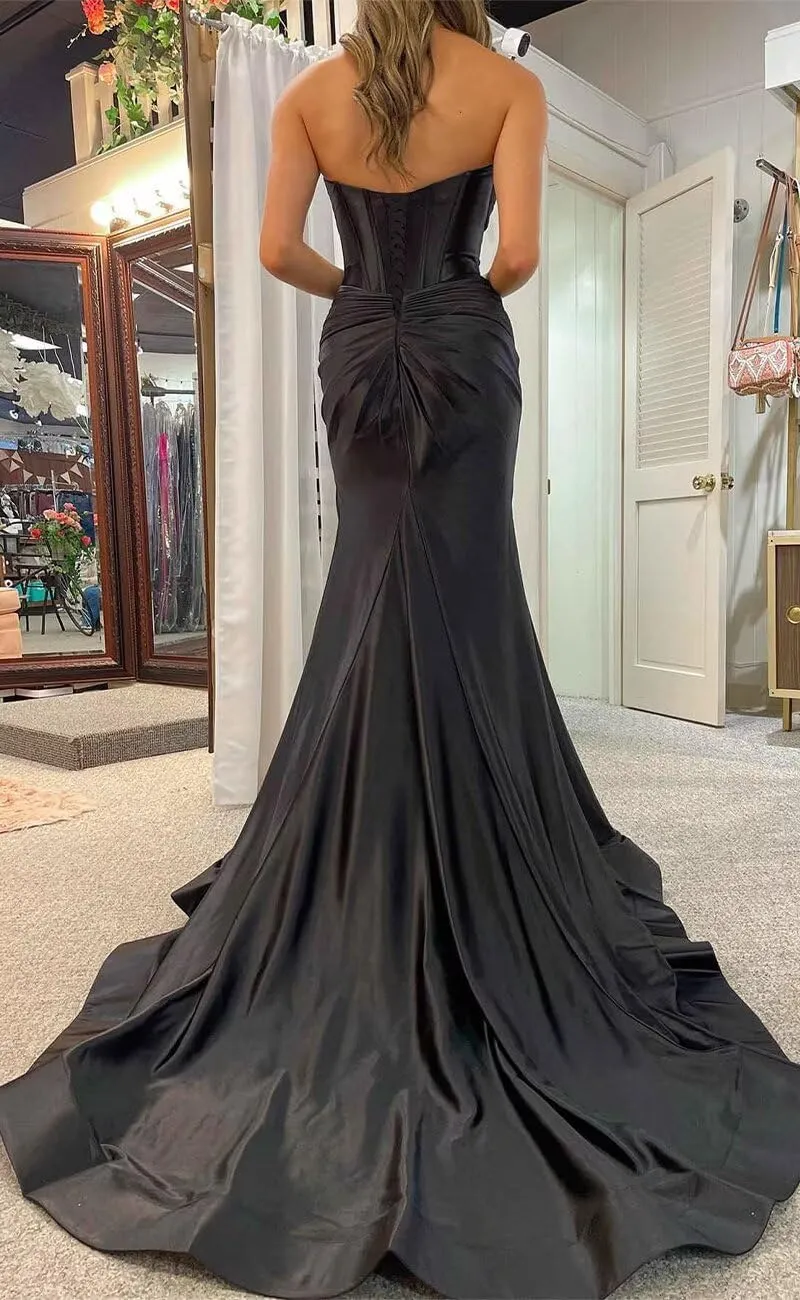 Dessiny Strapless Sweetheart Prom Dresses Long for Women 2024 with Slit Ruched Satin Formal Evening Gown for Party DE109