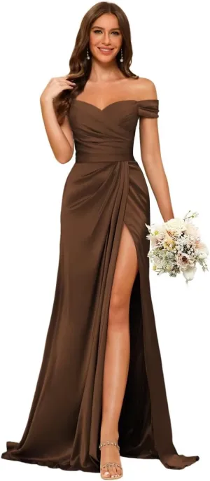 Dessiny Women's Off Shoulder Mermaid Bridesmaid Dresses 2025 with Slit Long Ruched Satin Prom Dresses DE201