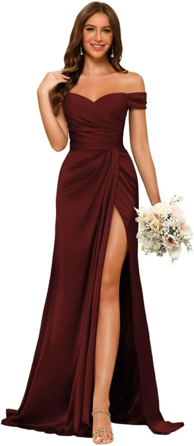 Dessiny Women's Off Shoulder Mermaid Bridesmaid Dresses 2025 with Slit Long Ruched Satin Prom Dresses DE201