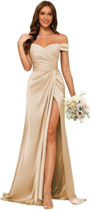 Dessiny Women's Off Shoulder Mermaid Bridesmaid Dresses 2025 with Slit Long Ruched Satin Prom Dresses DE201
