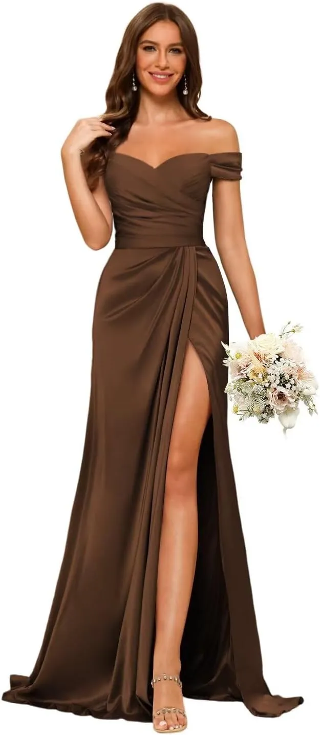 Dessiny Women's Off Shoulder Mermaid Bridesmaid Dresses 2025 with Slit Long Ruched Satin Prom Dresses DE201