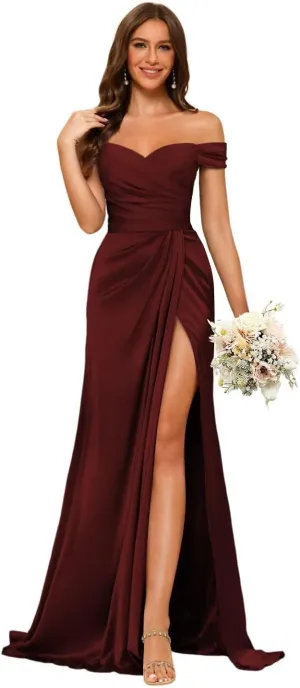 Dessiny Women's Off Shoulder Mermaid Bridesmaid Dresses 2025 with Slit Long Ruched Satin Prom Dresses DE201