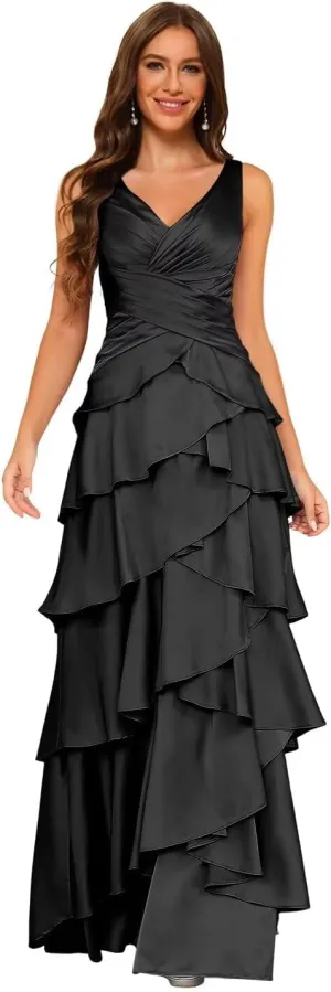 Dessiny Women's Ruffles Tiered Mermaid Bridesmaid Dresses 2025 V Neck Satin Formal Evening Dress Long DE266