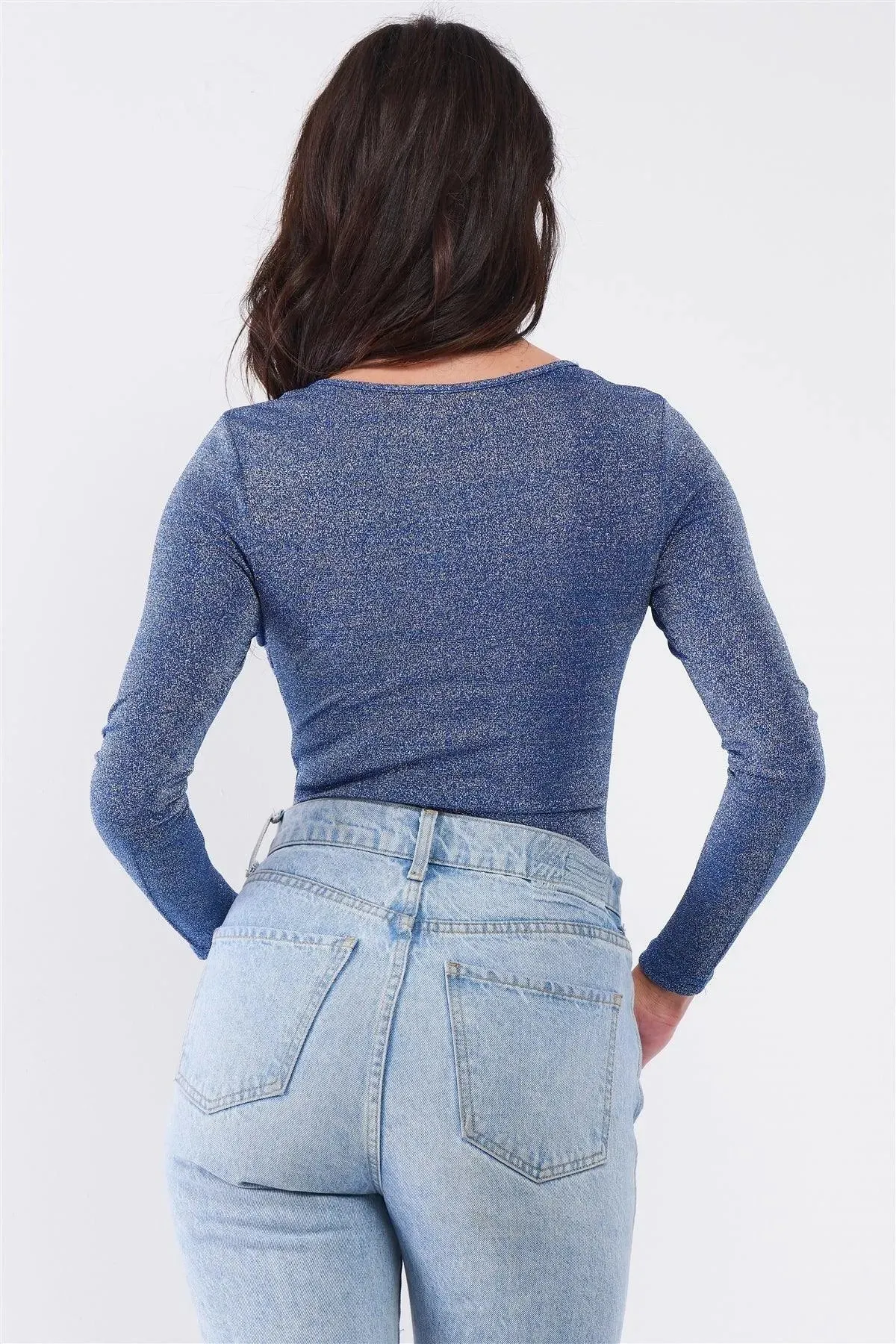 Diamond Sky Blue Glittery V-Neck Long Sleeve Cut-Out Shoulder Detail Bodysuit /3-2-1