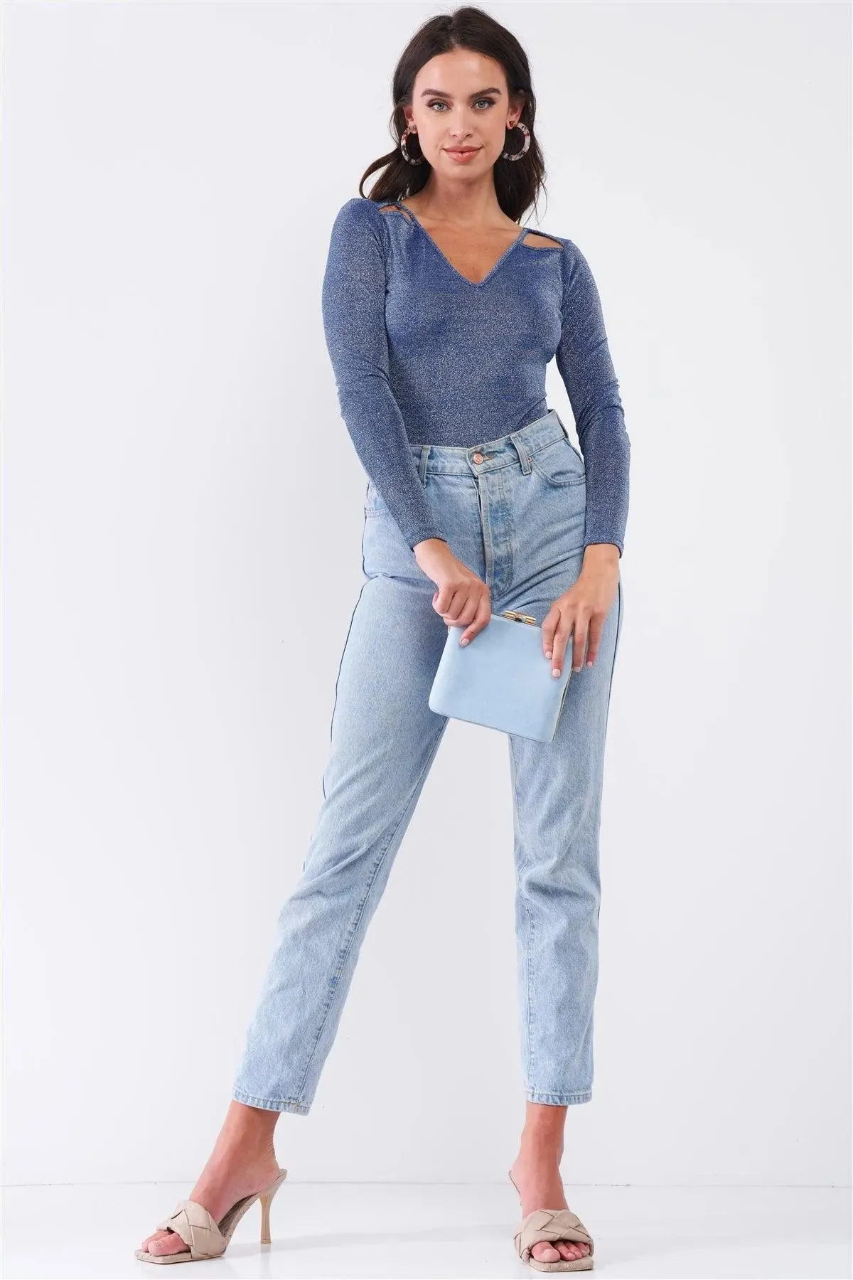 Diamond Sky Blue Glittery V-Neck Long Sleeve Cut-Out Shoulder Detail Bodysuit /3-2-1