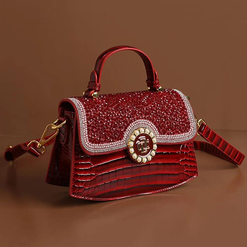 Diamonds Women Handbags Genuine Leather Top Handle Satchel Purses Party Shoulder Evening Bag Crocodile Pattern Tote Bags