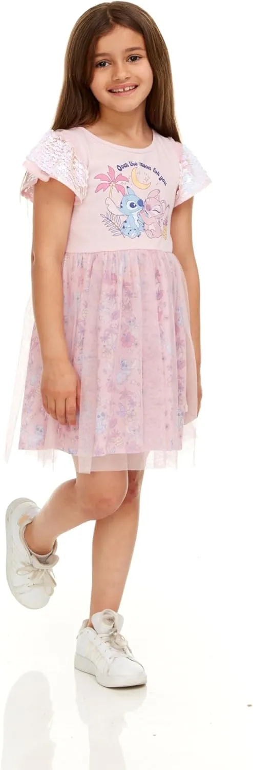 Disney Stitch & Angel Sequin Sleeve Tulle Dress-Girls Sizes 2-6x