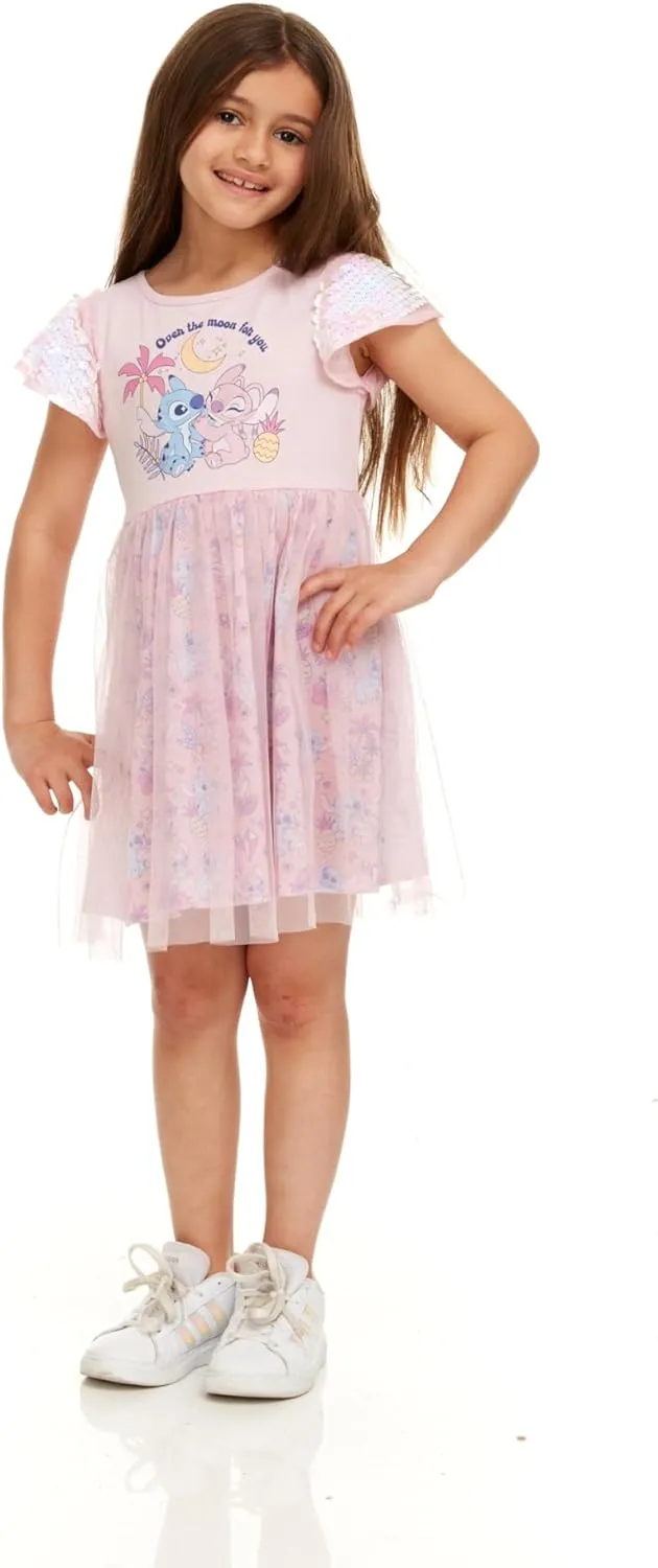 Disney Stitch & Angel Sequin Sleeve Tulle Dress-Girls Sizes 2-6x