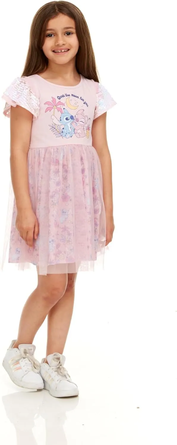 Disney Stitch & Angel Sequin Sleeve Tulle Dress-Girls Sizes 2-6x