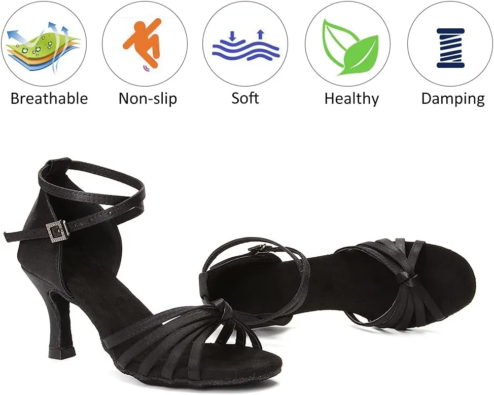 DKZSYIM Women's Satin Latin Dance Shoes Professional Ballroom Salsa Practice Performance Dancing Shoes,Model 217