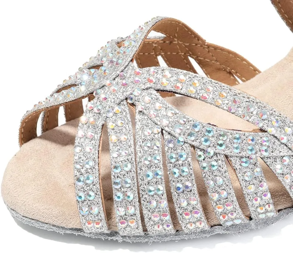 DKZSYIM Women's Satin Latin Dance Shoes Rhinestone Ballroom Salsa Performance Practice Dancing Shoes,Model YCL380