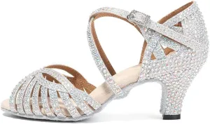 DKZSYIM Women's Satin Latin Dance Shoes Rhinestone Ballroom Salsa Performance Practice Dancing Shoes,Model YCL380