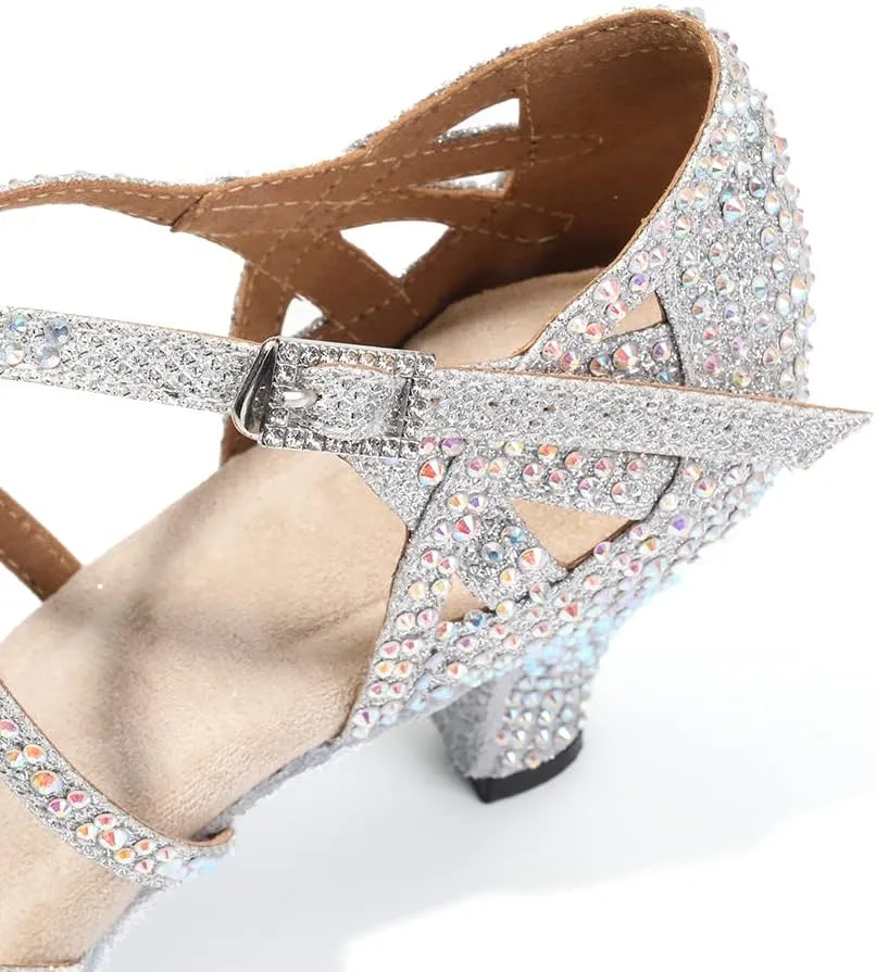 DKZSYIM Women's Satin Latin Dance Shoes Rhinestone Ballroom Salsa Performance Practice Dancing Shoes,Model YCL380